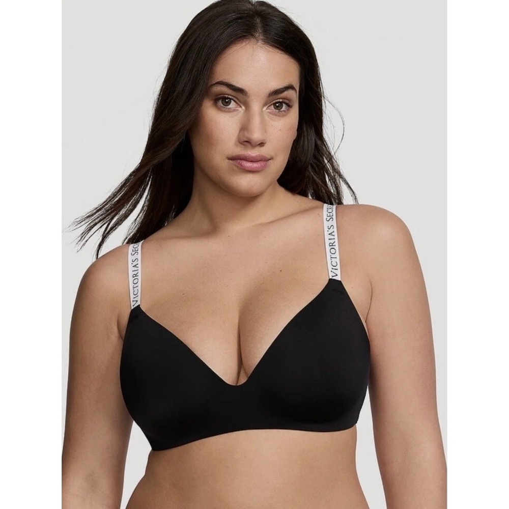 Victoria's Secret T-Shirt‎ Wireless Bra Black Logo Strap Adjustable 34DDD